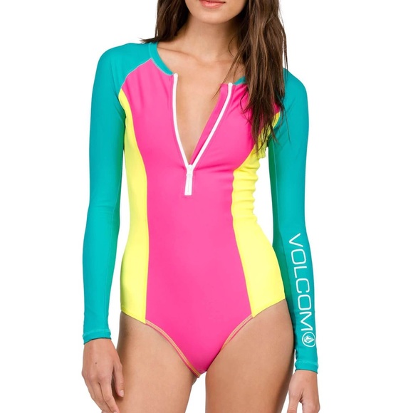 Volcom Simply Solid Surf Bodysuit Spring Suit in Blue, Yellow, and Pink Size XS - Picture 6 of 7